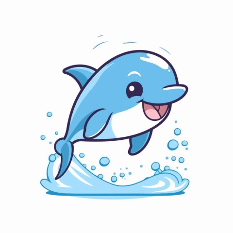 Cute cartoon dolphin jumping out of the water. Vector illustrati