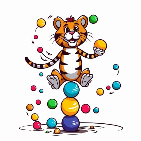 Illustration of a Cartoon Tiger Juggling with Colorful Balloons