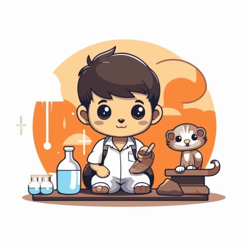 Cute cartoon little boy in lab coat sitting on the table with ca