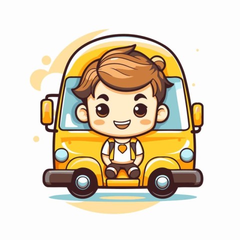 Cute School Boy Driving School Bus Cartoon Vector Illustration G