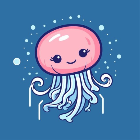 Cute cartoon smiling jellyfish. Vector illustration on blue back