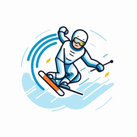 Skiing line icon. Vector illustration of skier jumping on snowbo