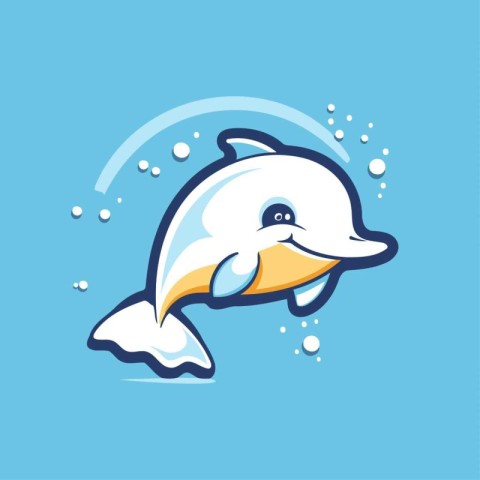 Cute cartoon dolphin. Vector illustration isolated on a blue bac