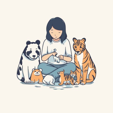 Vector illustration of a girl sitting with a group of cats and d