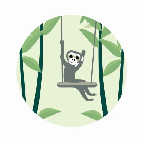 Cute monkey on a swing in the jungle. Vector illustration.