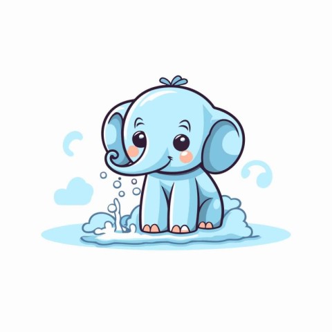 Cute baby elephant playing in the water. Vector flat cartoon ill