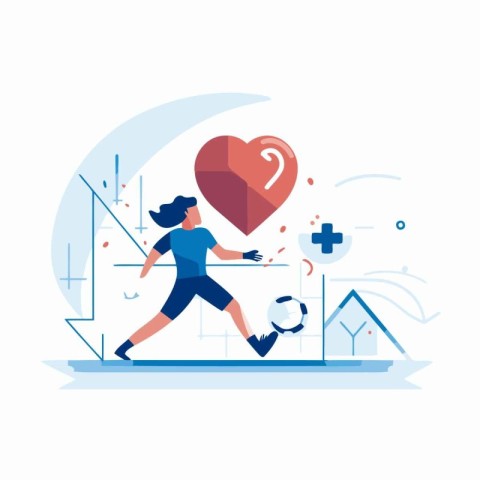 Soccer player with ball and heart. Flat style vector illustratio