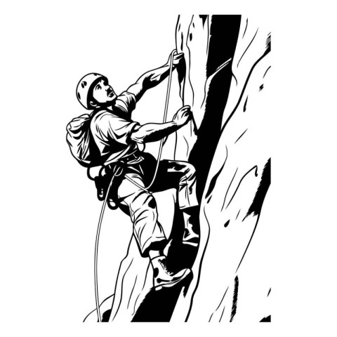 Vector illustration of a rock climber climbing on a cliff. Black