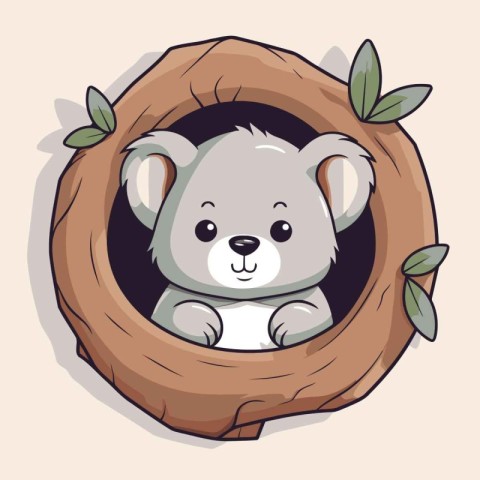 Cute koala in a hole with leaves. Vector illustration.