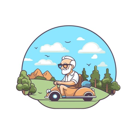 Grandfather driving a car in the park. Flat style vector illustr