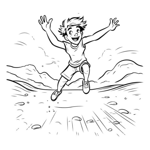 boy jumping on the beach. black and white vector illustration fo