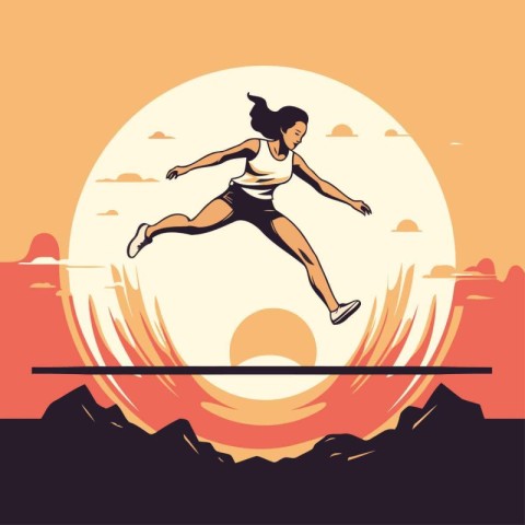 Woman running in the sunset. Vector illustration in flat design