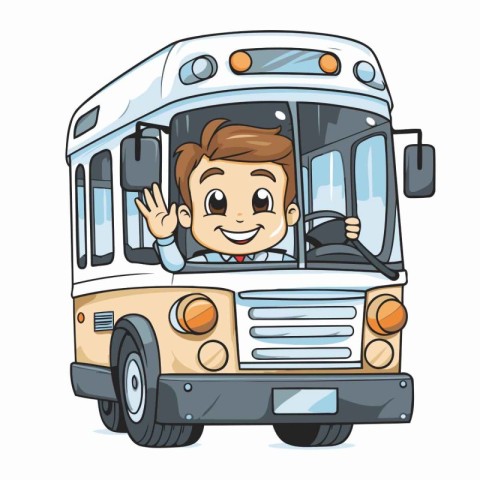 Cartoon school bus with happy boy waving hand. Vector illustrati