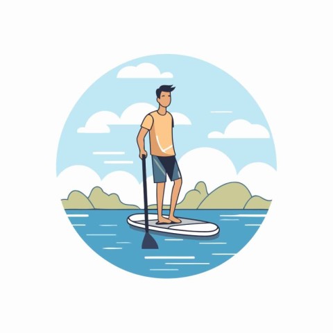 Young man on stand up paddle board. Flat style vector illustrati