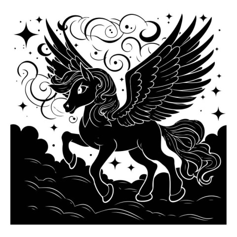 Unicorn with wings and stars. Black and white illustration.