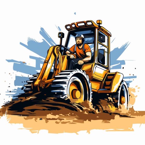 Vector illustration of a tractor on a construction site. Vector