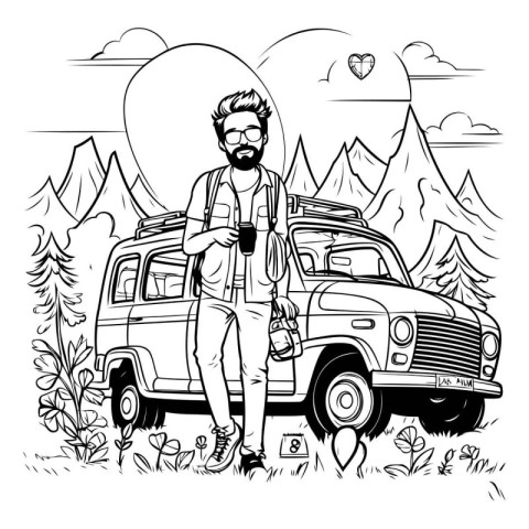 Hipster traveler man with beard and mustache standing in front o