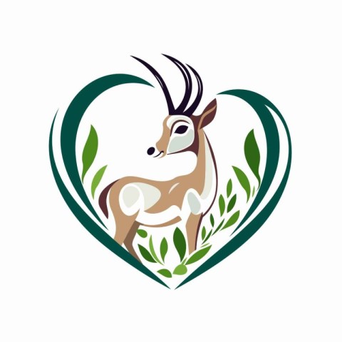 Vector image of a deer in the shape of a heart with leaves