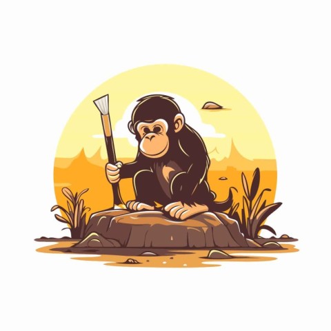 Monkey with a spear in the savannah. Vector illustration.