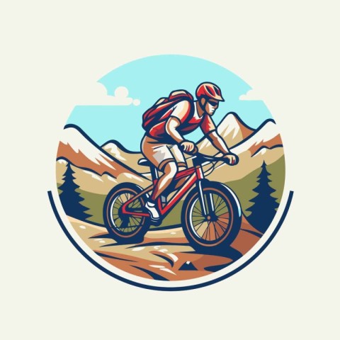 Mountain biker riding on the road. Vector illustration in retro