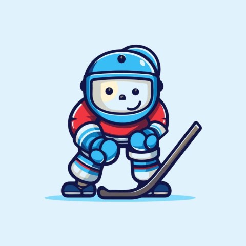 Cute cartoon skier with helmet and hockey stick. Vector illustra