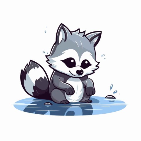 Cute cartoon raccoon sitting on the water. Vector illustration.