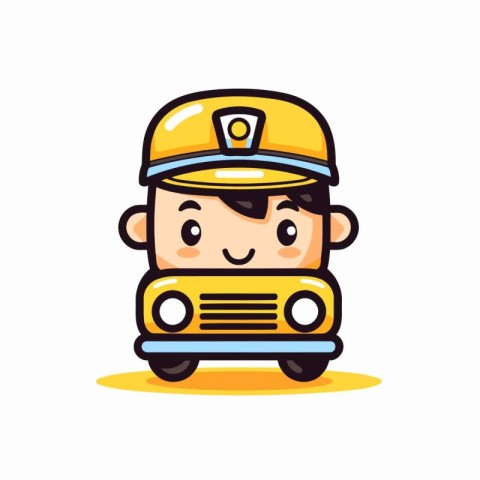 Cute little boy driving school bus. Vector illustration in carto