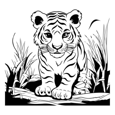 Black and white tiger sitting in the grass. Wild animal. Vector