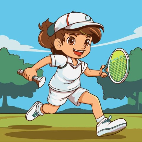 Little girl playing tennis on the court. Vector illustration of