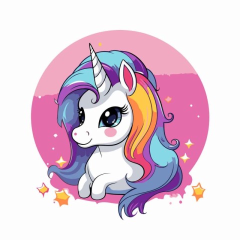 Cute cartoon unicorn with rainbow hair and stars. Vector illustr