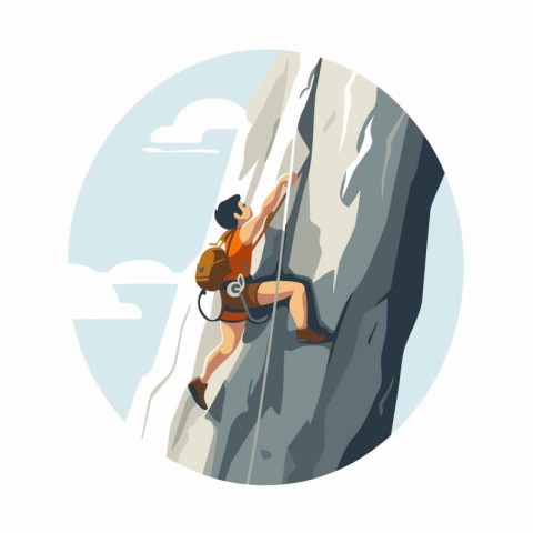 Young man climbing on a cliff. Vector illustration in cartoon st