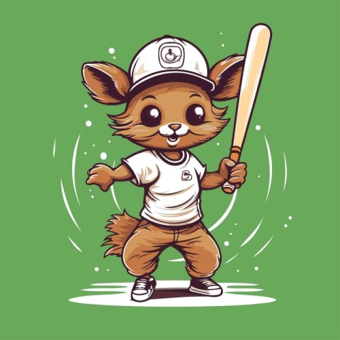 Cute cartoon mouse baseball player with baseball bat. Vector ill