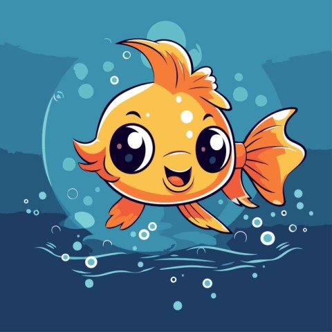 Cute cartoon goldfish swimming in the sea. Vector illustration.