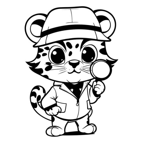 Black and White Cartoon Illustration of Cute Leopard Animal Dete