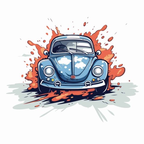 Vintage car vector illustration. Hand drawn retro car with splas