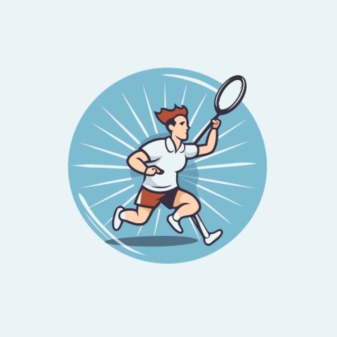 Badminton player running with racket and shuttlecock. Vector ill