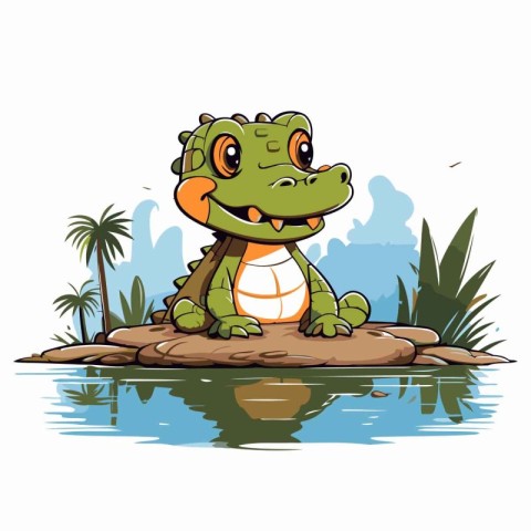 Cute crocodile sitting on a rock in the water. Vector illustrati