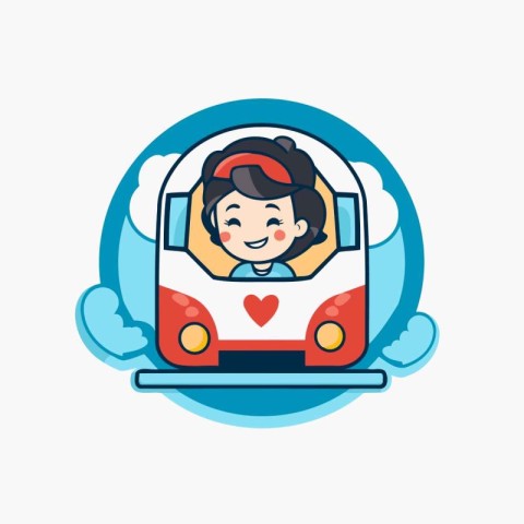 Cute girl riding in a red car. Vector flat illustration.