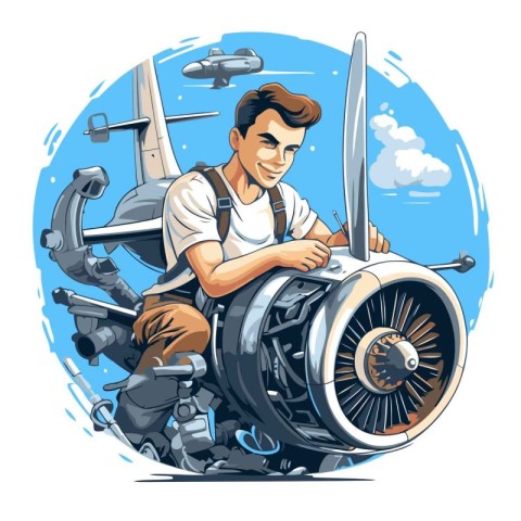 Vector illustration of a cartoon pilot with jet engine and prope