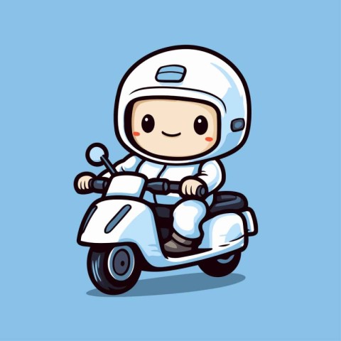 Cute cartoon astronaut riding a scooter on blue background. Vect