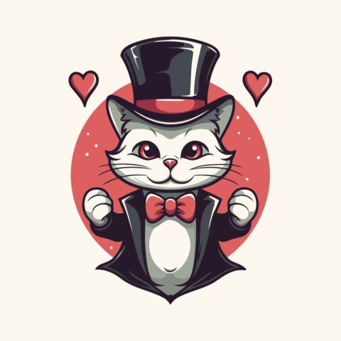 Vector illustration of a cute cat in a top hat and bow tie.