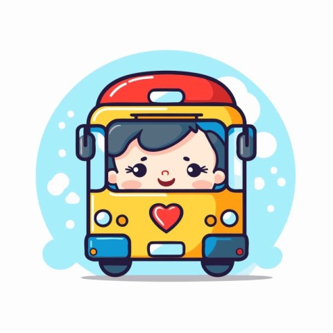 Cute little boy riding a school bus. Cute cartoon vector illustr