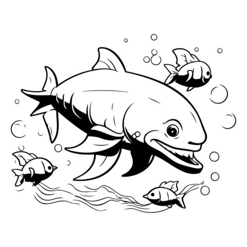 Shark and fish. Black and white vector illustration for coloring