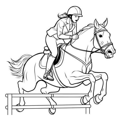 Jockey on horse jumping over obstacles. Black and white vector i