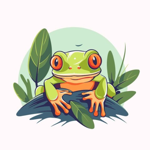 Cute cartoon green frog sitting on a branch. Vector illustration