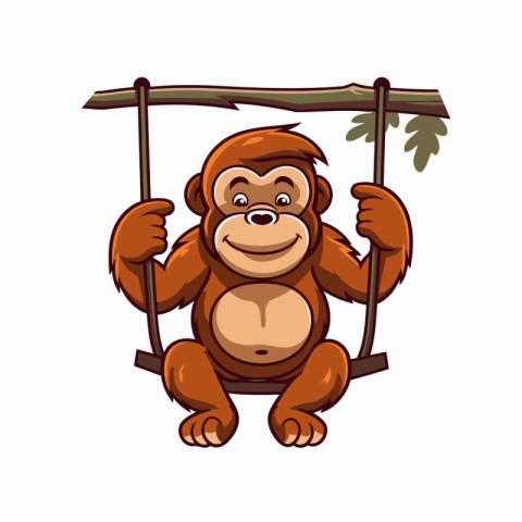 Cartoon monkey swinging on a swing. Vector illustration isolated