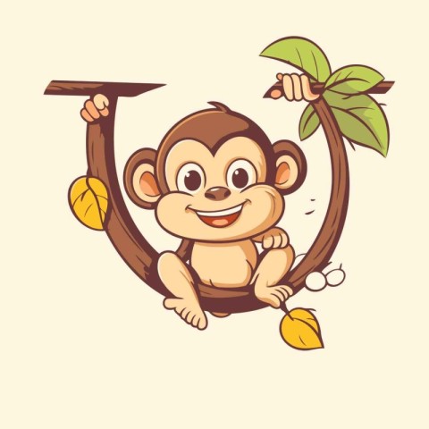 Cute monkey sitting on the tree and holding a shovel. Vector ill