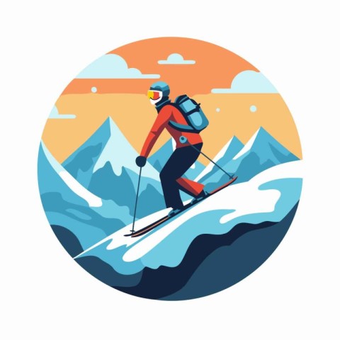 Skiing in the mountains. Vector illustration in flat style.