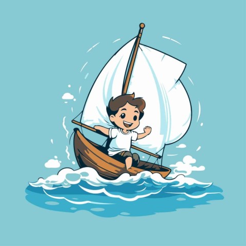 Little boy sailing on a sailboat. Vector illustration in cartoon