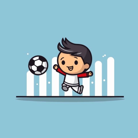 Cartoon boy soccer player kicking the ball. Flat design. Vector